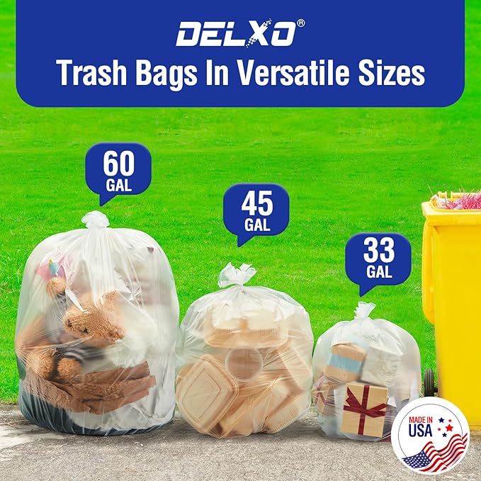 Delxo 40-45 Gallon Clear Trash Bags, 250 Count – Medium Duty Garbage Bags, Thick, Durable & Puncture-Resistant Plastic – Made in USA for Kitchen, Yard, Office & Party
