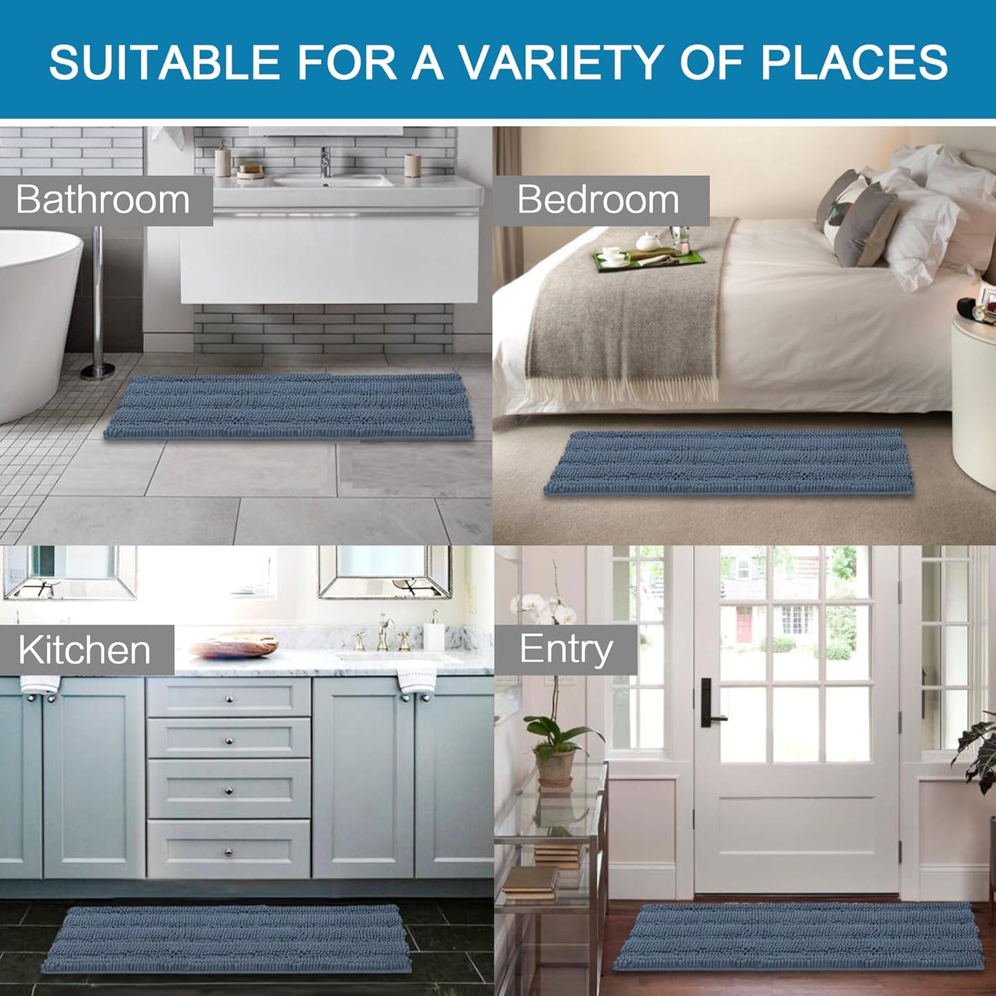 H.VERSAILTEX Bath Rugs for Bathroom Non Slip Bath Mats Thick Chenille Striped Bath Rug Runners 47" x 17" Absorbent Fluffy Soft Shaggy Mats Dry Fast Plush Area Carpet for Bath Room - Blue Indigo