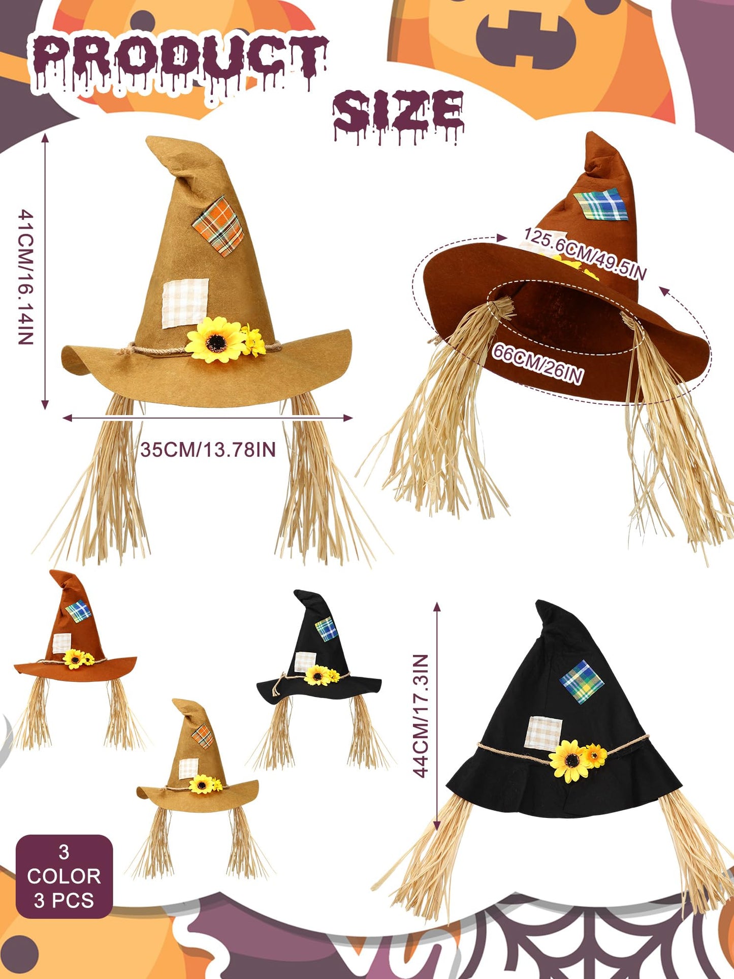 Ramede 3 Pcs Halloween Scarecrow Hat Felt Scarecrow Costume Accessory Straw Witch Sunflower Wizard Hat Halloween Raggedy Hat for Cosplay Party Accessory Adult Men Women, Multicolor