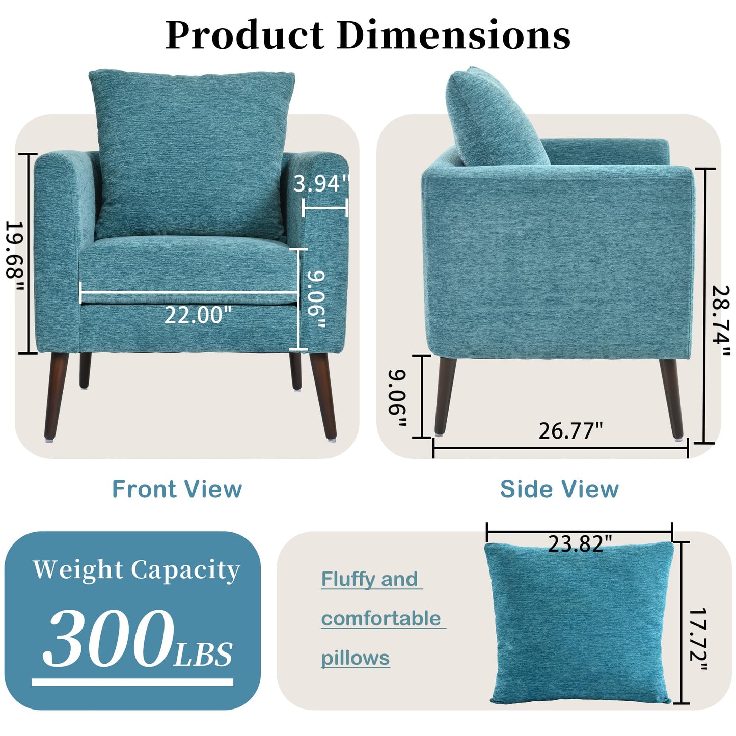QKFF Barrel Accent Chair with Back Pillow, Large Upholstered Armchair with Solid Wood Legs Modern Reading Chairs for Living Room Bedroom