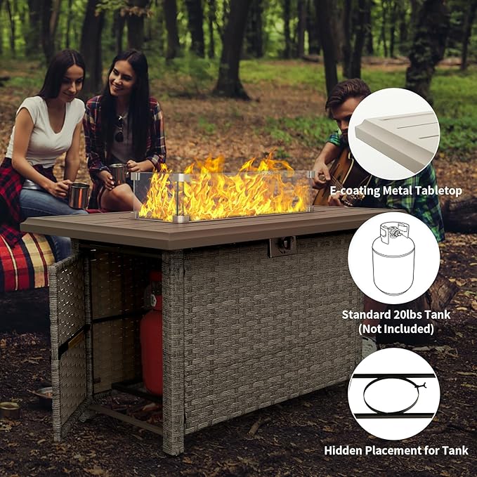 WAROOM Patio Furniture Set 4 Piece Wicker Conversation Sets PE Rattan Chair Outdoor Couch Sectional Sofa with Fire Pit Table, Navy Blue Cushion