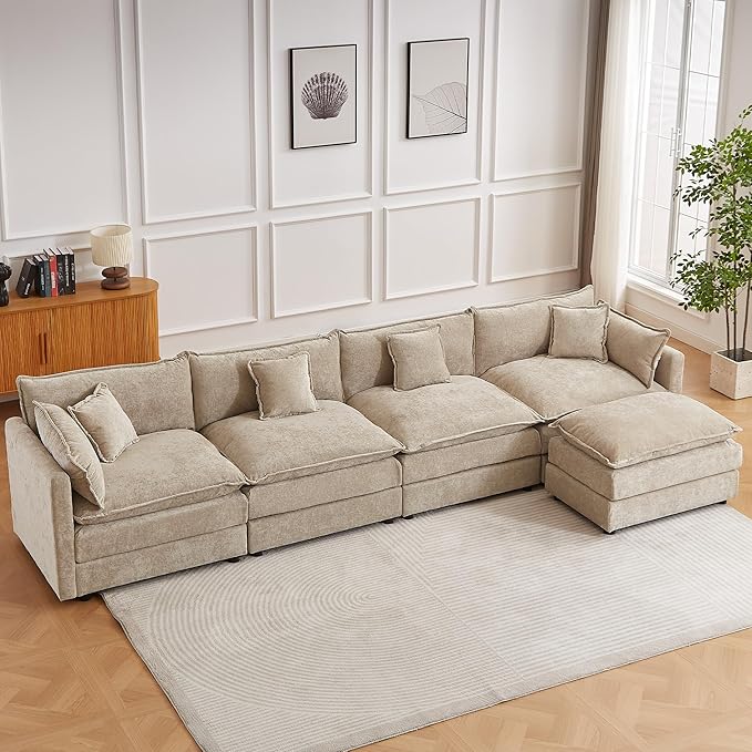 saows Modular Sectional Sofa, 147.2 Inch L Shaped Couch Set with Armrests, 4-Seater Comfy Cloud Couches with Movable Ottoman for Living Room Apartment, Coffee