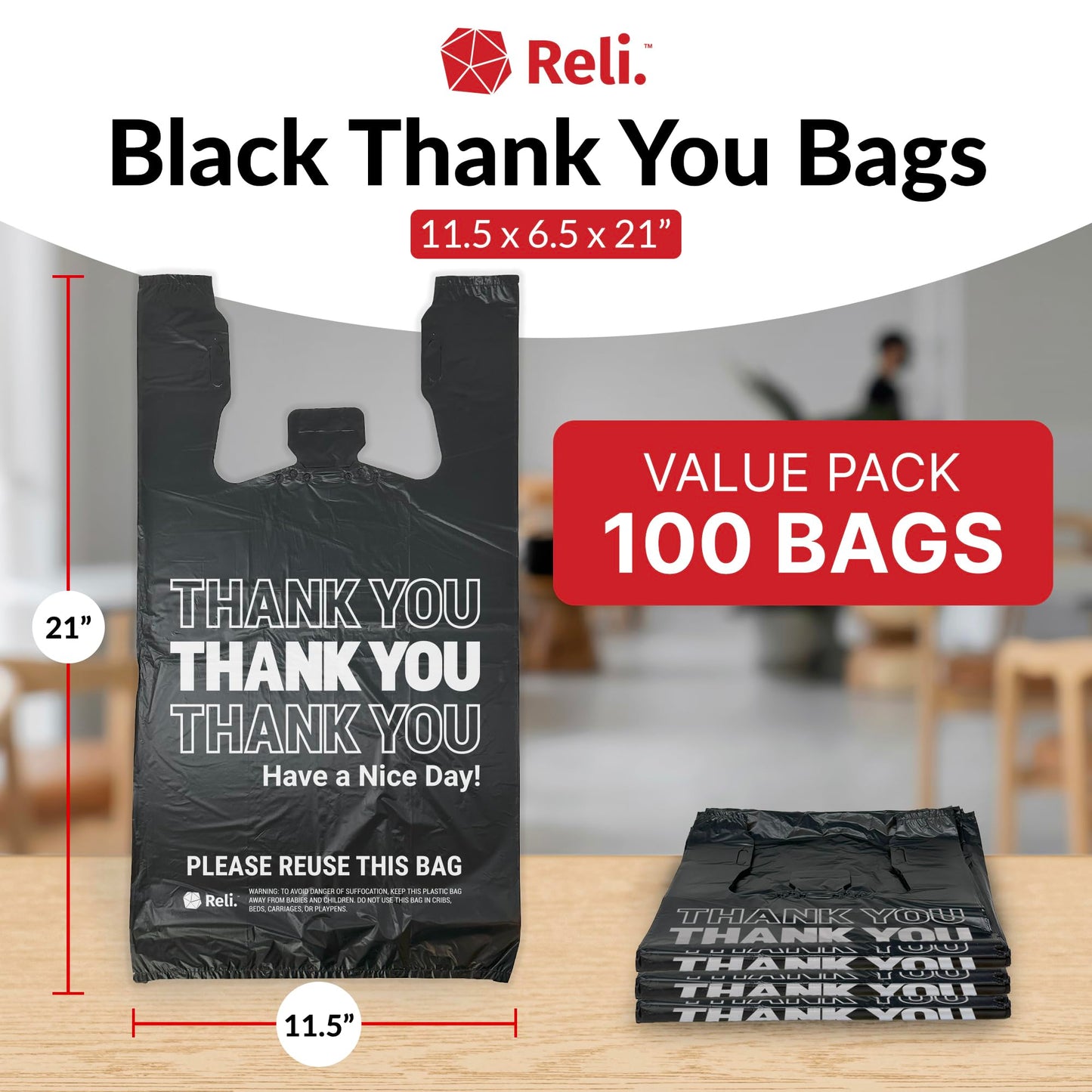 Reli. Thank You Plastic Bags | 100 Pack | (11.5" x 6.5" x 21"), Black | Plastic Bags with Handles | Ideal for Grocery, Shopping, Food Take Out, Restaurants, Small Business