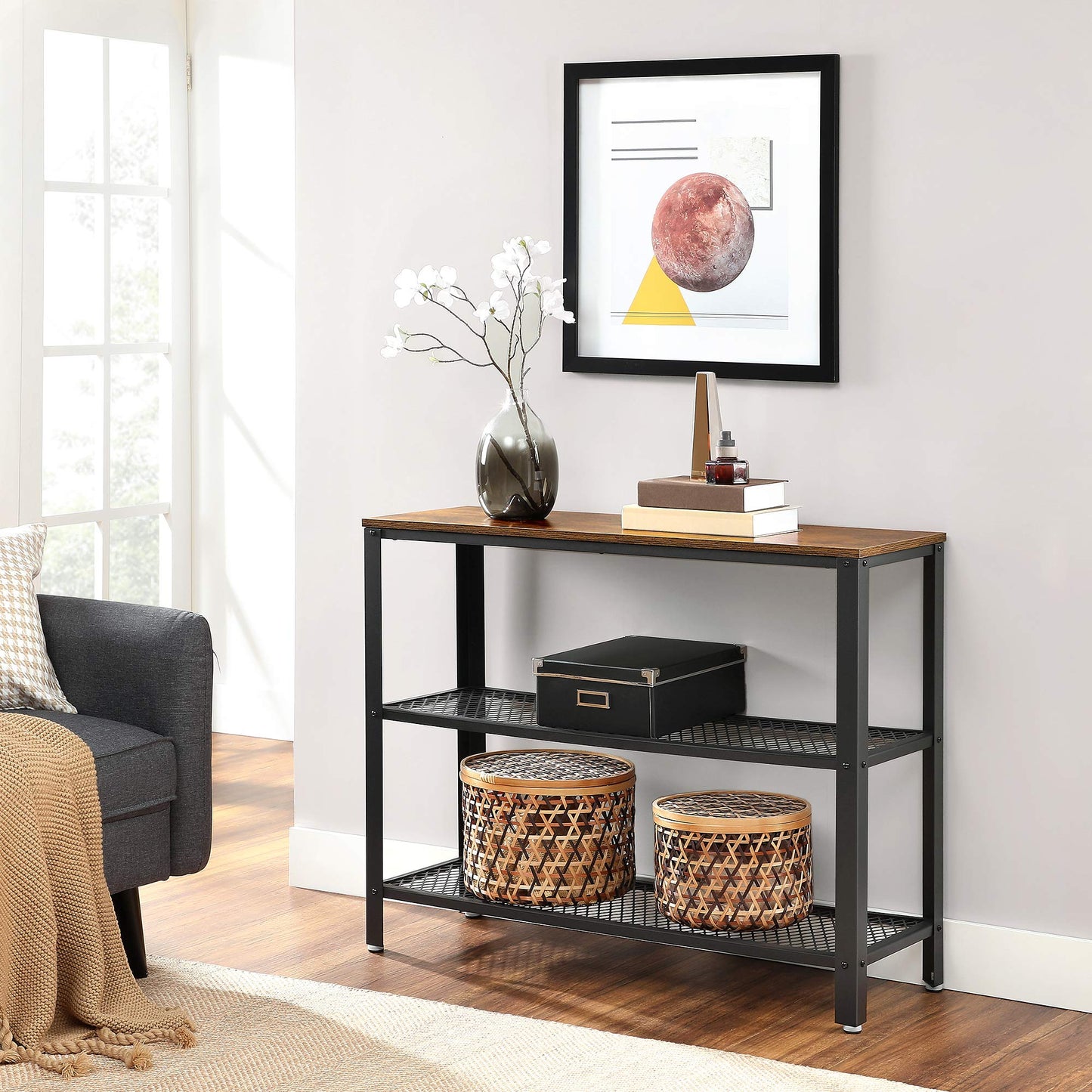 VASAGLE 40" Industrial Console Table, 3 Tier Entryway Table with Storage Shelf, Narrow Sofa Tables for Living Room, Hallway, Entrance Hall, Corridor, Bedroom, Rustic Brown and Black ULNT81BX