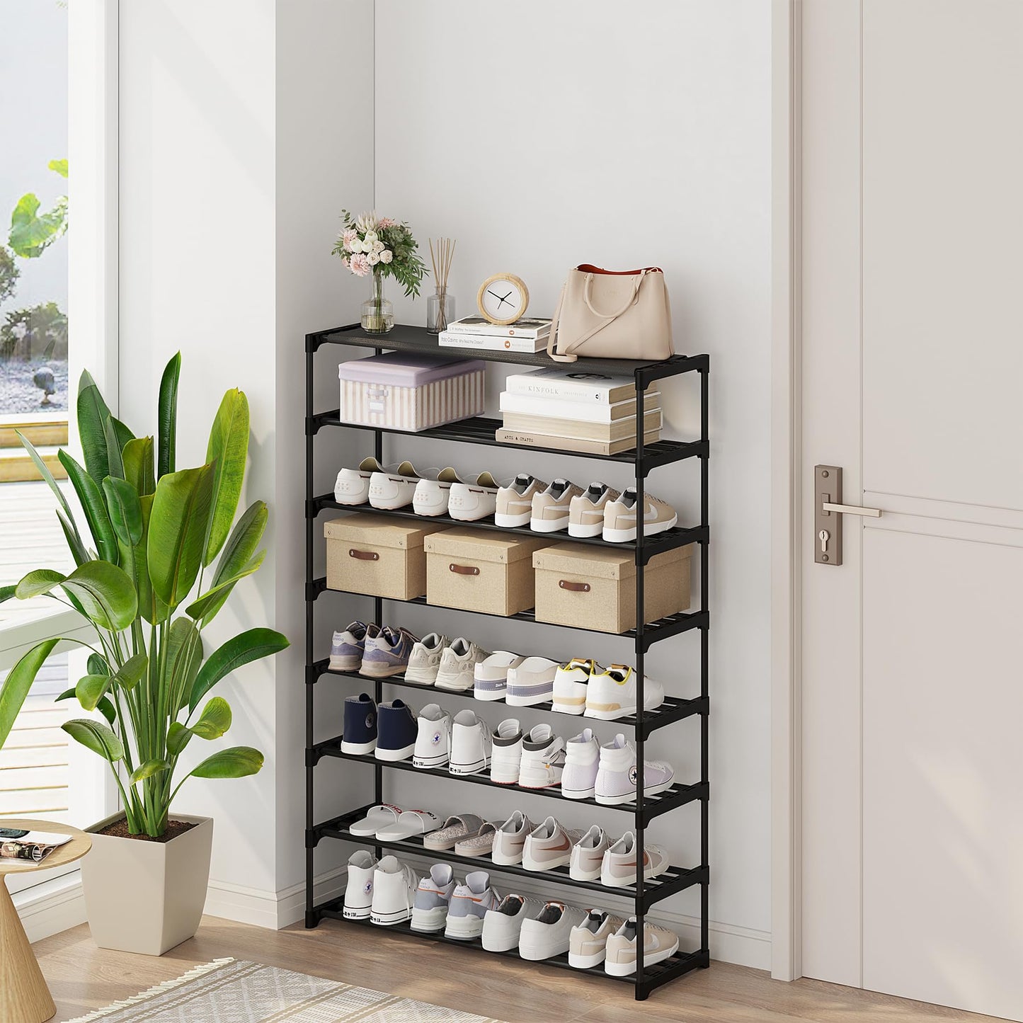 Calmootey 8-Tier Shoe Rack, Tall Large Capacity 40 Pairs Shoes Storage Organizer, Stackable Wide Shoe Shelf for Entryway, Hallway, Black