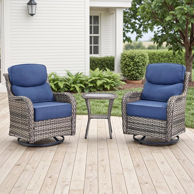 Rilyson Outdoor Patio Furniture Set - Weather Resistant Wicker,High Back,6 inch Cushions,3 Piece Patio Bistro Set with Swivel Rocker Chairs and Side Table for Deck Porch Yard,Mixed Grey/Blue