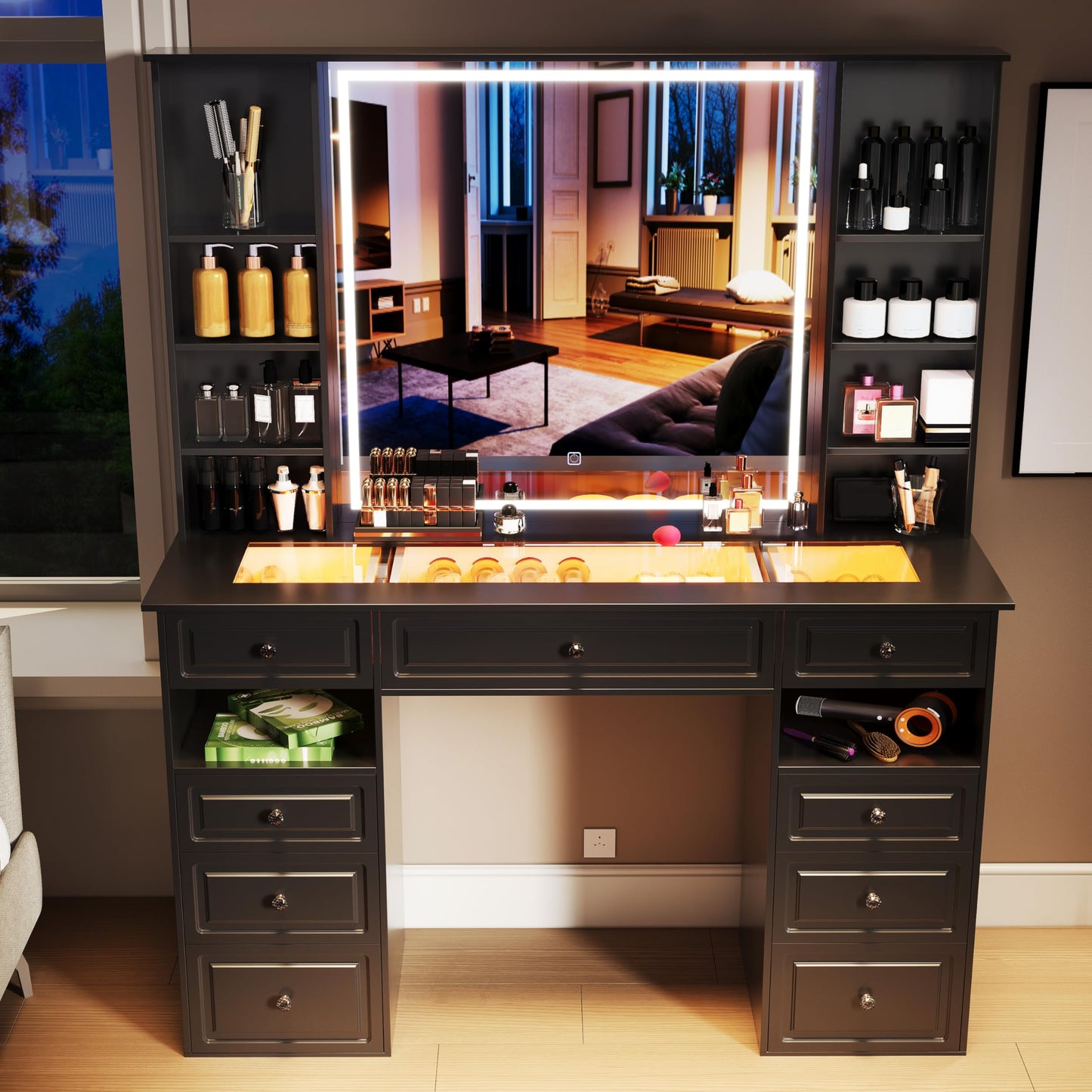 Jartoil Extra Large Vanity Desk with Lighted Mirror, 47" Makeup Vanity with Glass Top, Black Vanity Table with 9 Drawers, Tall Vanity with Crystal Knobs for Bedroom (Minimalist Style)