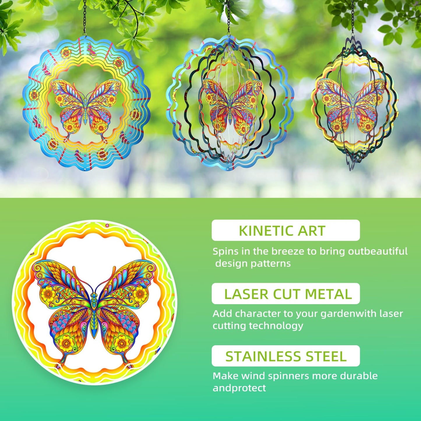 Butterfly Wind Spinners 12 Inch 3D Stainless Steel Hanging Kinetic Wind Sculpture Worth Gifts for Women Metal Windmill Decoration for Garden,Patio,Lawn,Yard