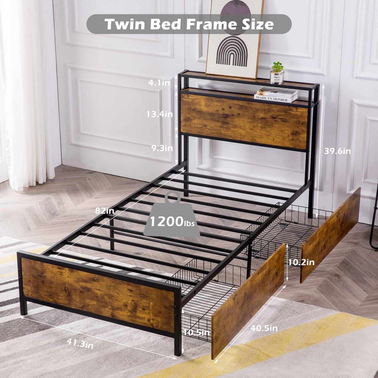 GAZHOME Twin Size Bed Frame with 2 Storage Drawers, Platform Bedframe with Storage Headboard, Strong Metal Slat Support/No Box Spring Needed/Easy Assembly/Space Saving