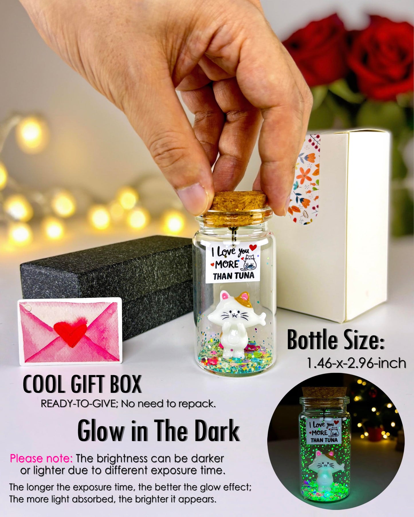 Anniversary I Love You Presents for Him Her, Cute Romantic Message in Glow Bottle Gift to Boyfriend Girlfriend, Funny Valentines Christmas Birthday Gifts Husband Wife (Cat, I Love You More Than Tuna)