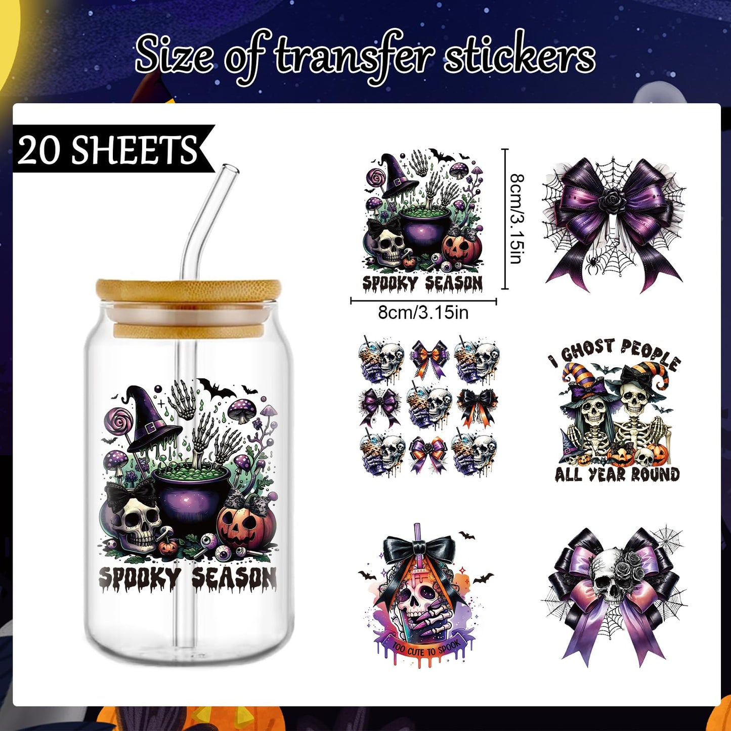 Rngmsi Halloween Uvdtf Cup Wraps - 20 Sheets Spooky Bow UV DTF Cup Wraps for 16 oz Glass, Pumpkin Ghost Bat Skeleton Cobweb Witch Rub on Transfer Sticker, UV DTF Decals for Water Bottle Mug DIY Crafts