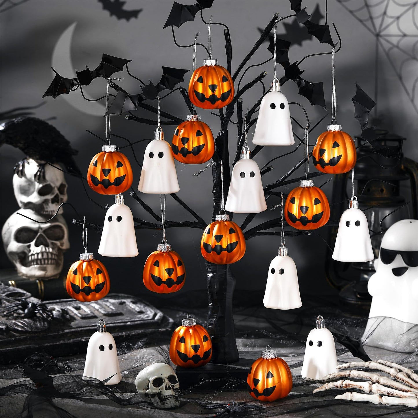 VioraWhite 20 Pcs Halloween Hanging Ornaments Cute Sliver Ghost and Gold Pumpkin Lantern Decoration Mini Plastic Halloween Tree Decorations for Home Holiday Party Decor