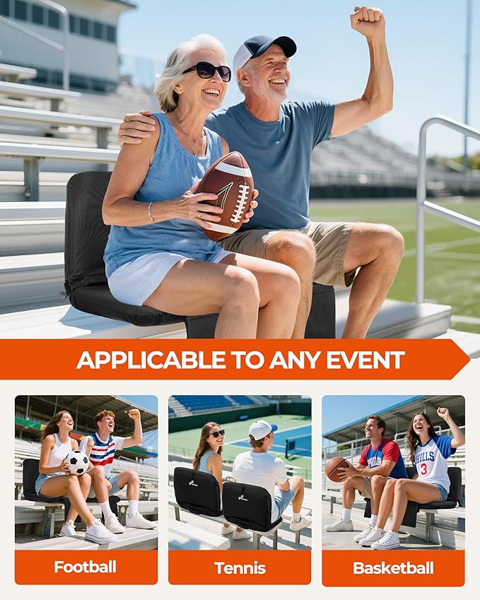 Sportneer Stadium Seats with Back Support: 6 Reclining Position Folding Bleacher Chairs with Back and Cushion - Padded Bleacher Seats with Shoulder Strap & Storage pocket for Events, Outdoors, Camping