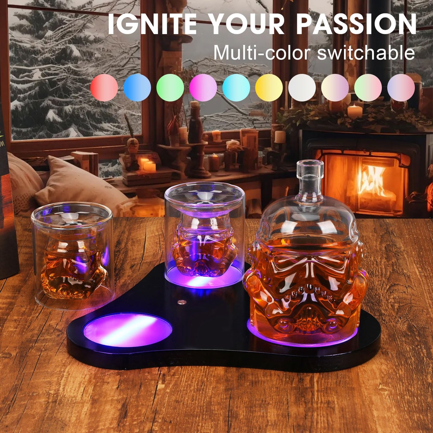 Creative Transparent Creative Whiskey Decanter Set with 7 Colour Lights,2 Glasses,Whiskey Carafe for Wine,Scotch,Bourbon,vodka,Liquor-750ml Gifts for Men,Dad,Husband Christmas and New Year's Gifts 1