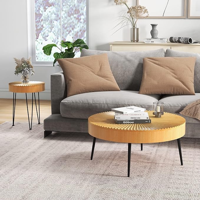 Giantex Boho Round Coffee Table Set of 2, Sofa Side Nesting Table with Solid Pine Wood Top, Metal Legs & Adjustable Foot Pads, 31.5" D Large Table Set for Living Room (Radial Pattern, Natural)