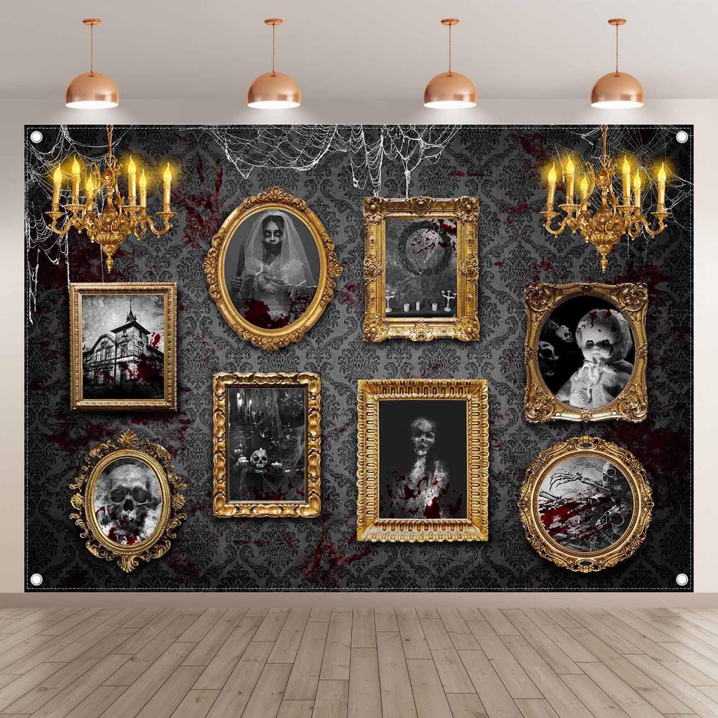 ZTHMOE 7x5ft Polyester Halloween Haunted House Photography Backdrop Gothic Horror Photo Frames Background Scary Spider Web Blood Party Decorations Photo Banner Props with Four Holes Easy to Hang