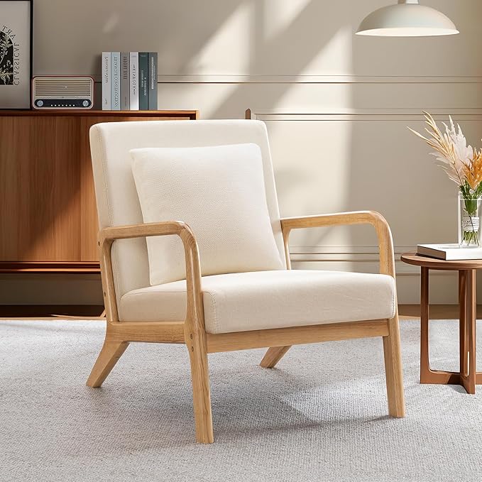 ELUCHANG Mid-Century Modern Accent Chair with Lumbar Pillow, Linen Fabric Comfy Lounge Side Upholstered Reading Armchair for Living Room Bedroom Apartment,Easy Assembly(Beige,2pcs)