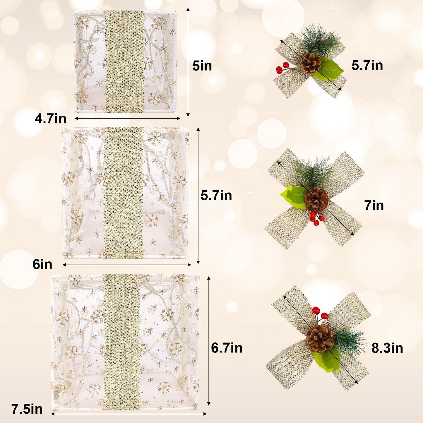 Set of 3 Christmas Lighted Gift Boxes Decorations, Pre-lit Snowflakes Present Box with Silver Bowknot, Light Up Xmas Tree Skirt Ornament, Indoor Outdoor Plug in for Home Pathway Holiday Party
