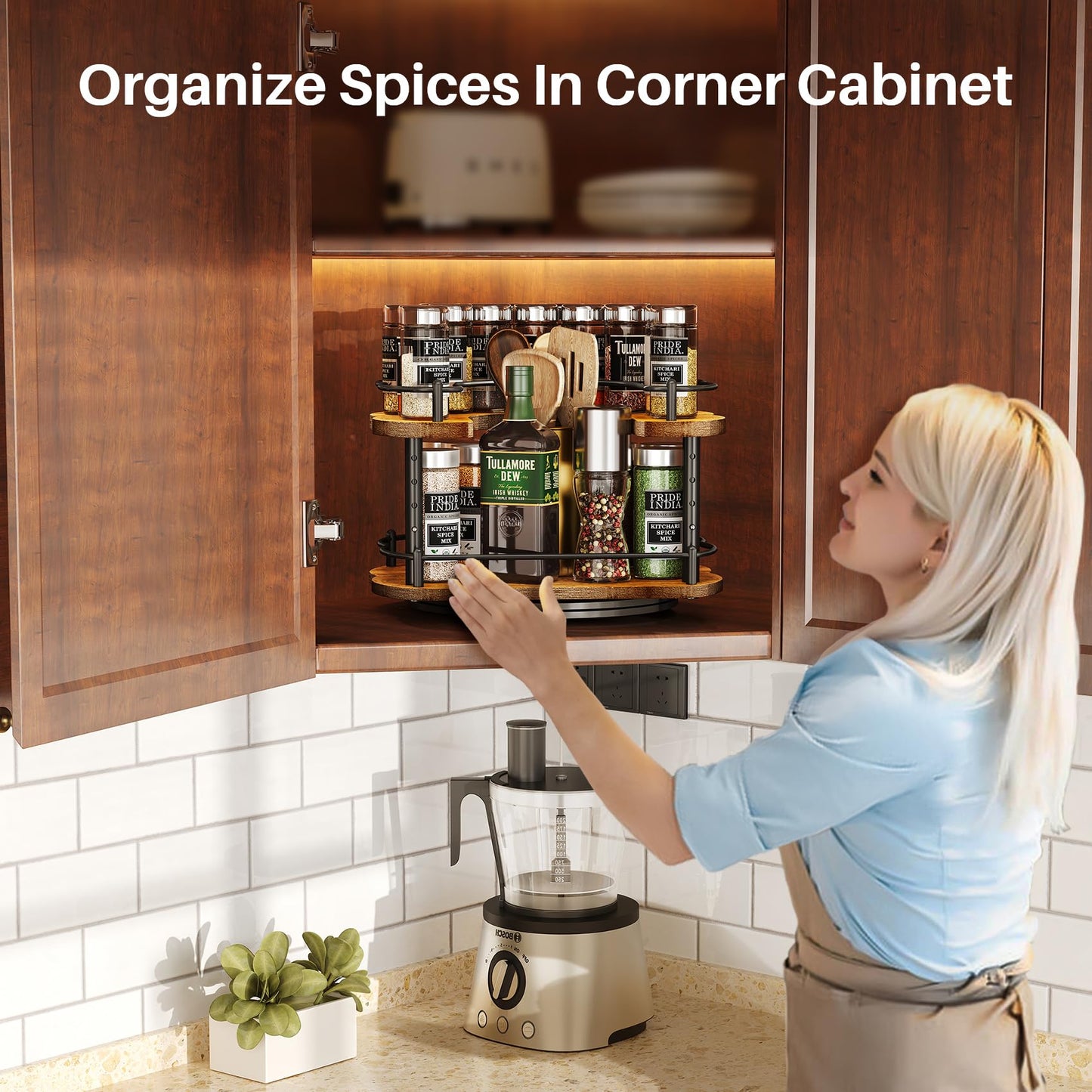 Lazy Susan Organizer Spice Rack - Spice Organization for Cabinet Height Adjustable Rotating Lazy Turntable, Pantry Kitchen Wood Revolving Seasoning Organizer, 12 inches, Black