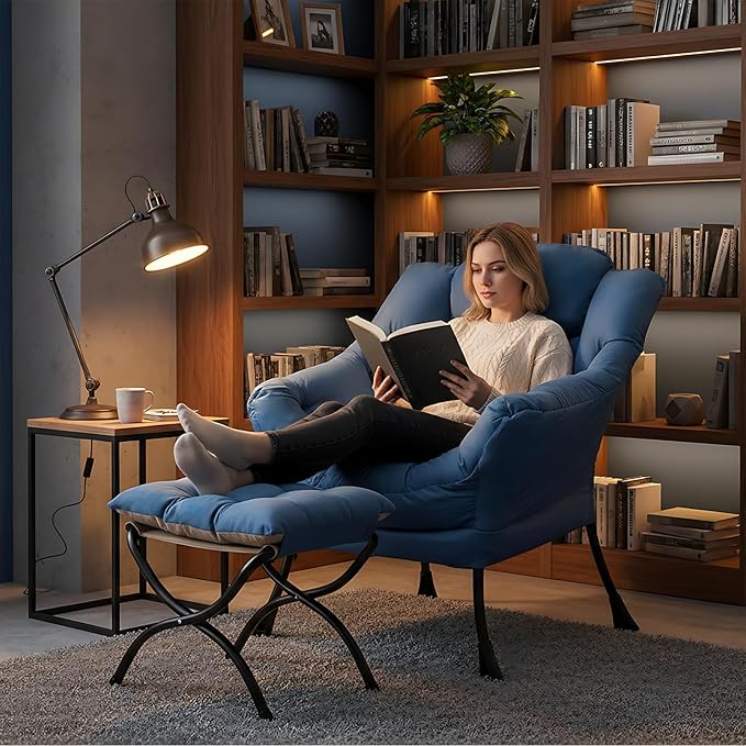 Furlide Lazy Chair with Ottoman, Modern Lounge Chair with Lumbar Pillow, Accent Cozy Reading Armchair and Folding Footstool for Bedroom, Dorm, Living Room,Peacock Blue