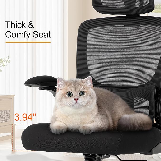 BOWTHY Ergonomic Office Chair,Home Mesh Office Desk Chairs,High Back Chair 330 LBS,Swivel Computer Task Chair with Adjustable Lumbar Support,Up&Down Flip-Up Arms,Rocking Function (Black)