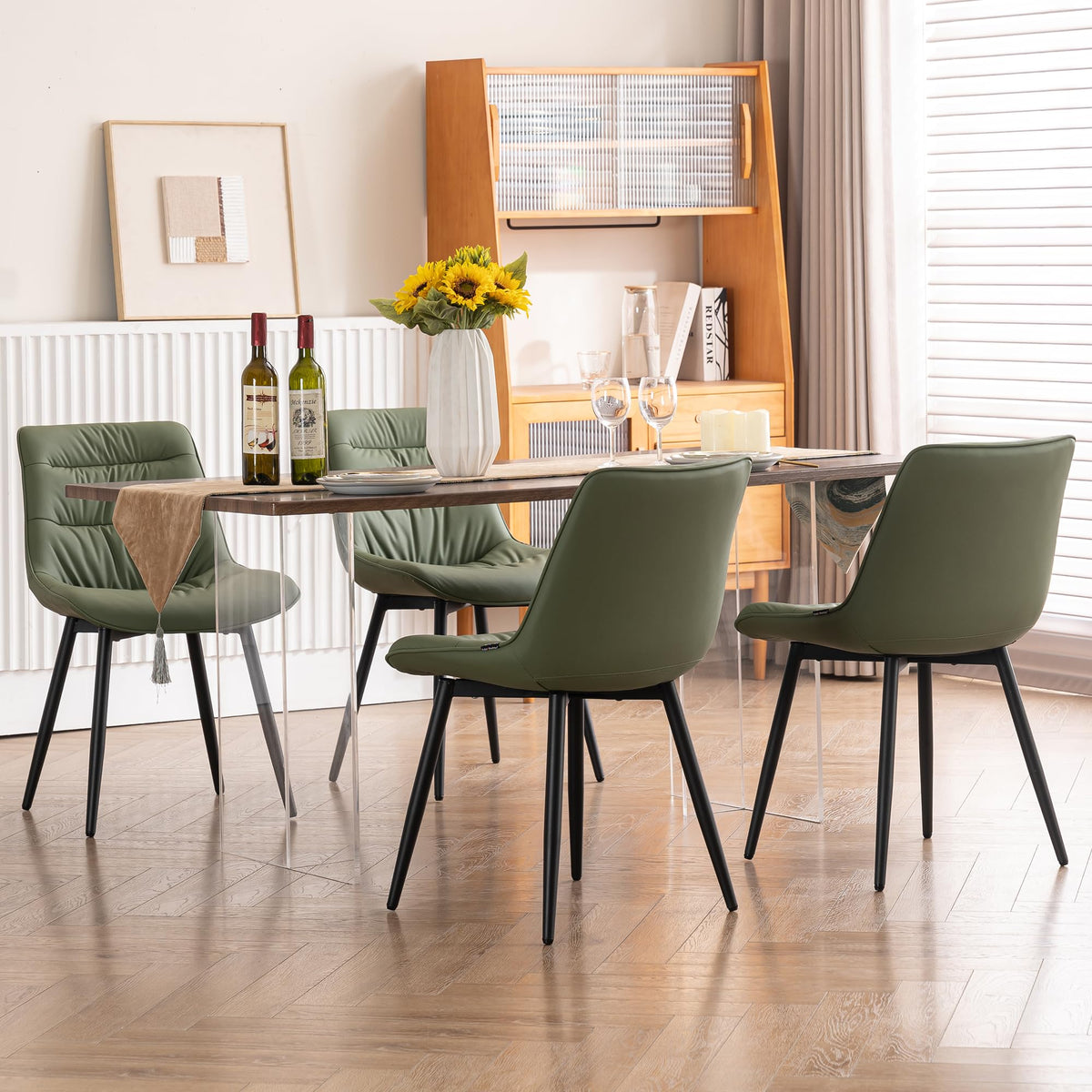 Rowill Dining Chairs Set of 2 Mid Century Modern Kitchen Chair Comfortable Upholstered Faux Leather Dinner Chairs for Kitchen Dining Room, Olive Green