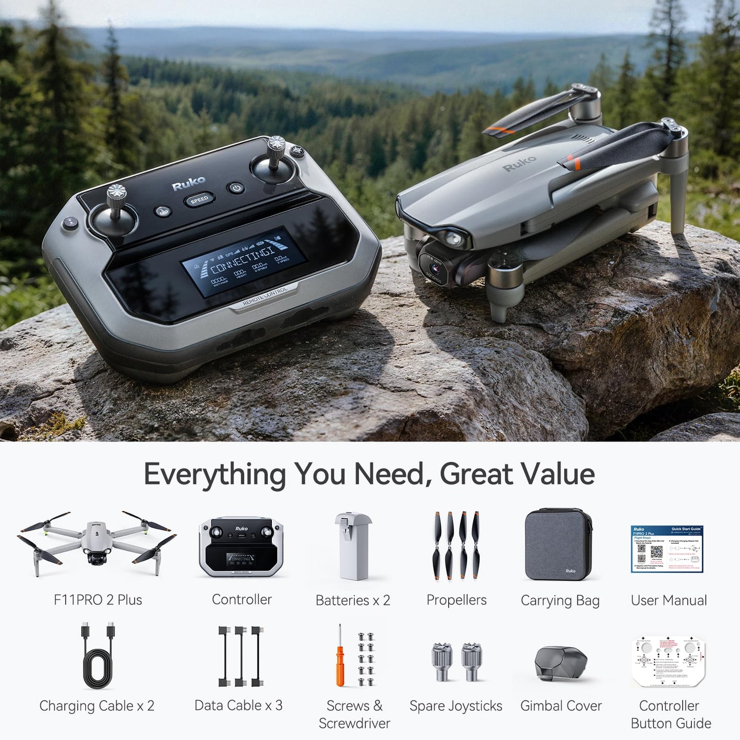Ruko 1 Spare Battery and F11PRO 2 Plus, Drone for Adults with Camera