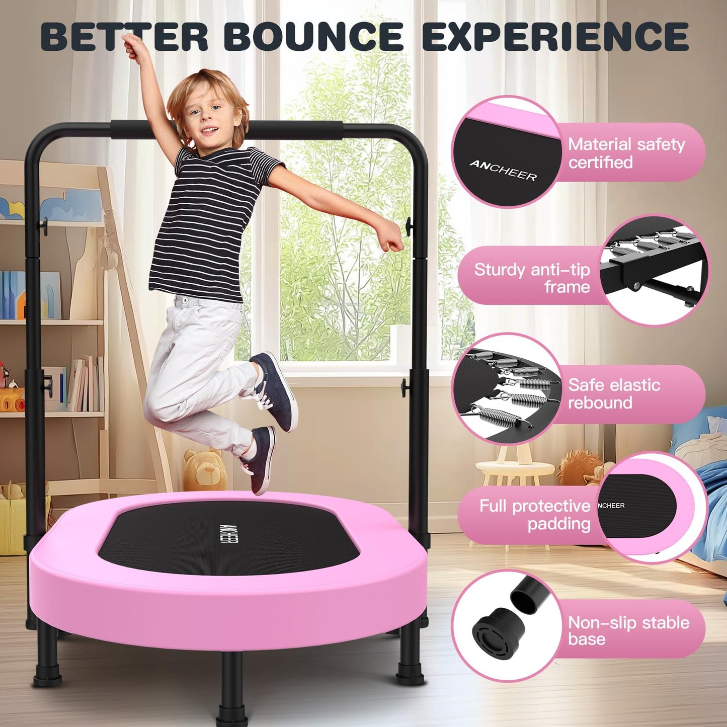 ANCHEER Mini Trampoline for Kids Indoor, Double Kids Trampoline with Adjustable Center Handlebar, 56"X36" Rebounder Trampoline Foldable, Max Load 220 LBS,Pink