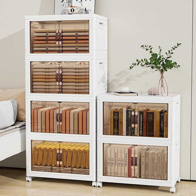 Storage Bins with Lids and Wheels, Collapsible Bathroom Storage Cabinet with Clear Doors, Plastic Stackable Closet Organizers and Storage Containers White 398 QT