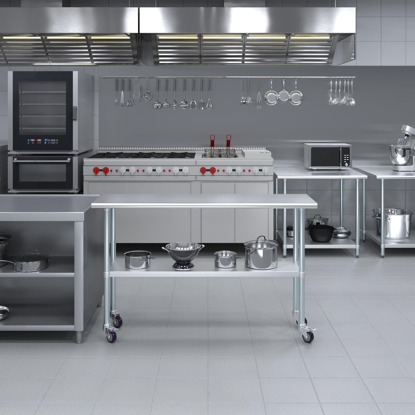 AmGood 18 in. x 60 in. Stainless Steel Work Table with Wheels | Metal Kitchen Food Prep Table | NSF