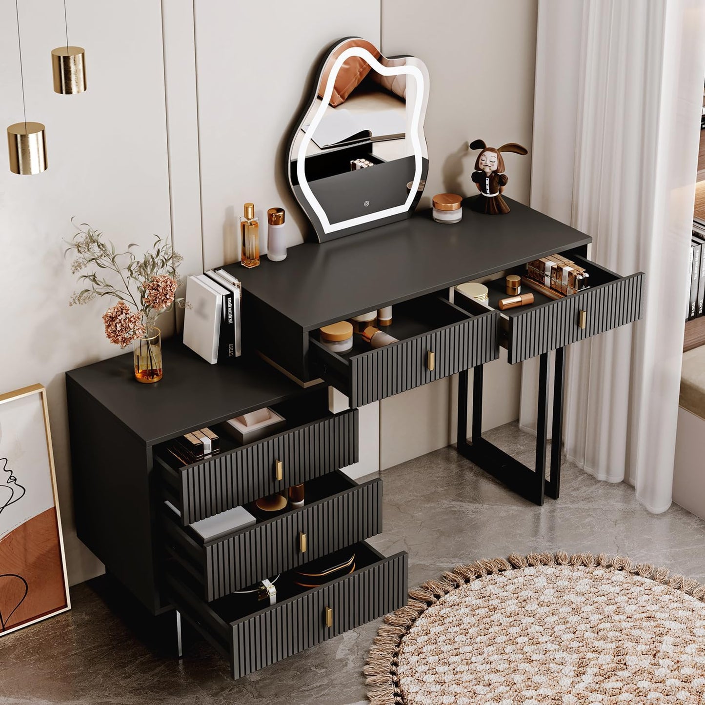 Ieejdn Black Vanity Desk with Mirror and Lights,Small Makeup Vanity with 5 Drawers, Modem Makeup Table with Adjustable Cabinet for Bedroom,Makeup Room