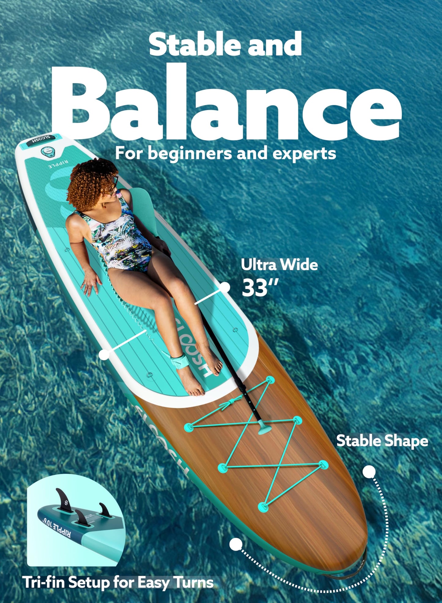 SLOOSH Inflatable Stand Up Paddle Board, 10'6" Paddle Boards with Premium Accessories, Non-Slip EVA Deck, Ultra-Light Carry Bag, Ripple SUP for Youth & Adults of All Skill Levels, Aqua Breeze