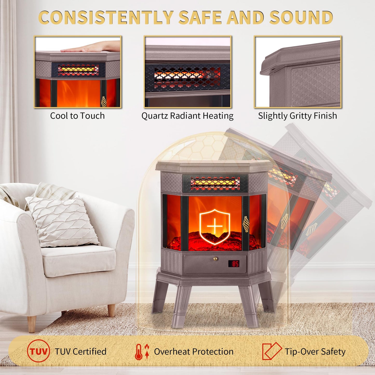 Realsmart Electric Fireplace Heater 22 In Freestanding Fireplace Stove Infrared Fireplace With 3D Flame Effect Remote Control, T