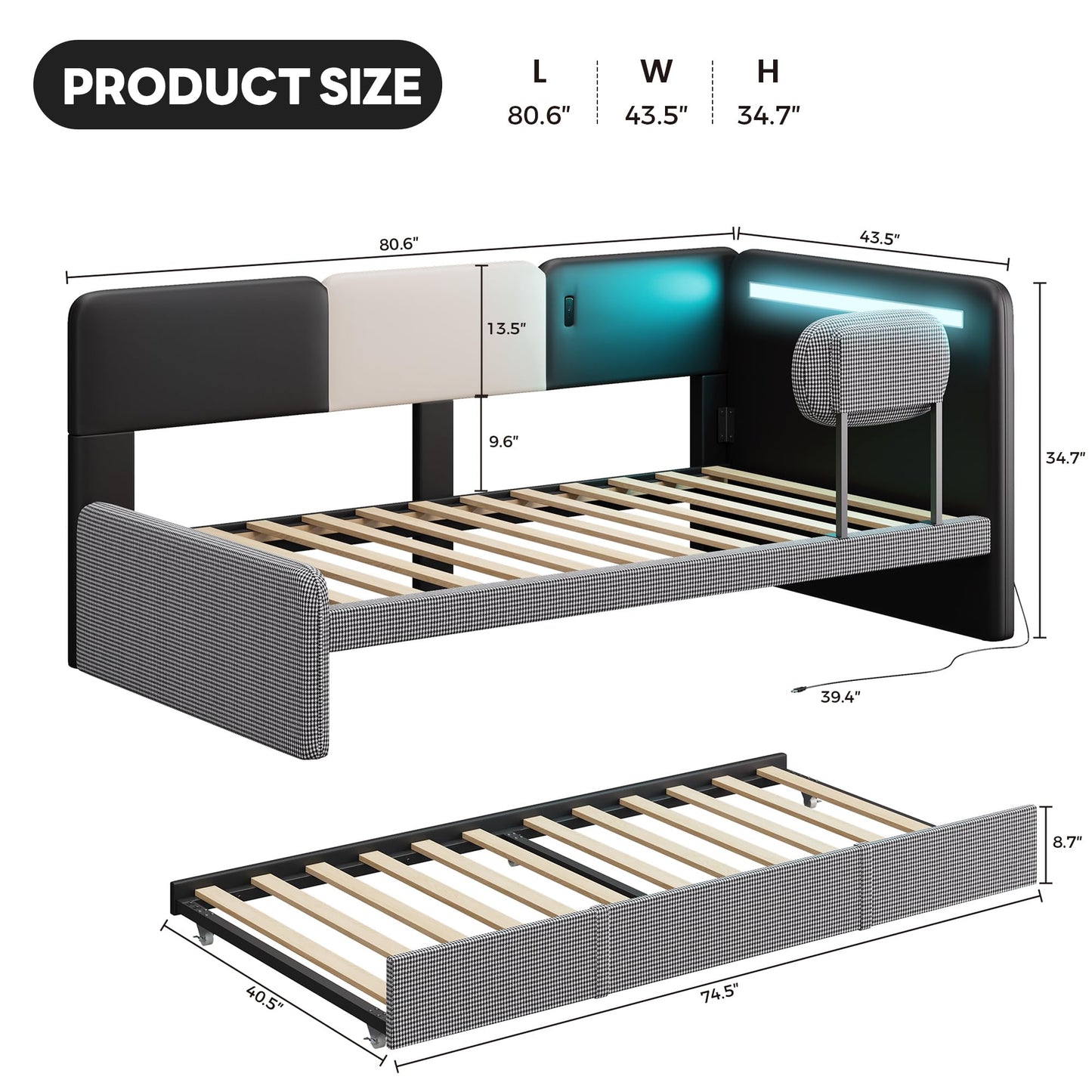 LIKIMIO Daybed with Trundle, Twin Day Bed Frame with Upholstered Guardrail, Charging Station & LED, Sofa Bed with Strong Supports, for Bedroom, Living Room, PU Leather
