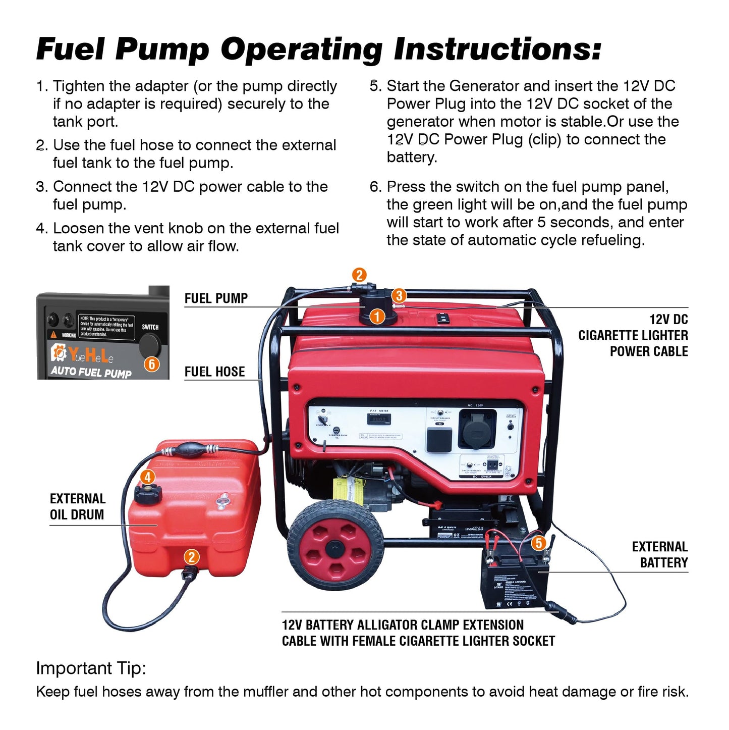 YueHeLe 12V DC Gasoline Fuel Pump for Generators,Automatically Pump fuel, Universal Fit with 3 Adapters, Non-stop running the generator