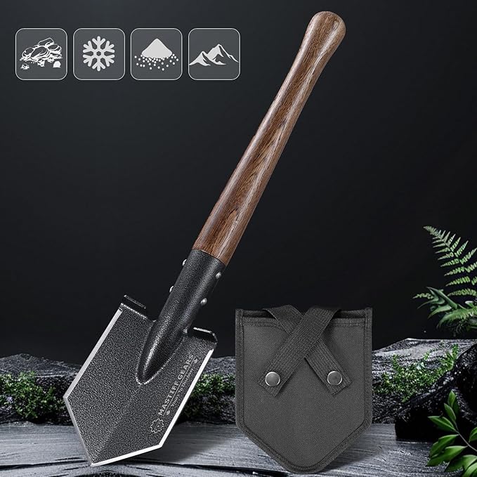 MASTIFF GEARS Tactical Survival Shovel - 48.5cm/19in, Axe/Machete Replacement, HRC 42-48 1050 Steel Spade, Hand-Carbonized Hardwood Handle & MOLLE Sheath for Camping Hiking Off-Roading Emergency