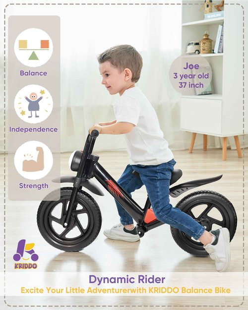 KRIDDO Kids Balance Bike for 2-5 Years, with Front Light, Upgraded Tires for All Terrain, Upgraded Bearing for Smooth and Stable Riding, Front and Rear Fenders, Adjustable Seat, Black