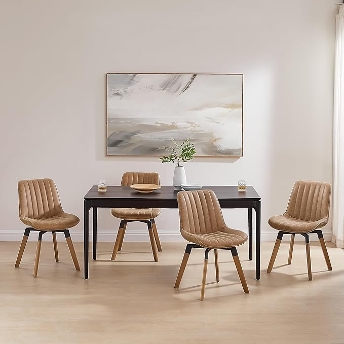 Art Leon Swivel Dining Chairs - Mid Century Modern Kitchen Dining Room Chairs, Upholstered Faux Leather Armless Side Chairs with Wood Legs, Set of 4, Brown