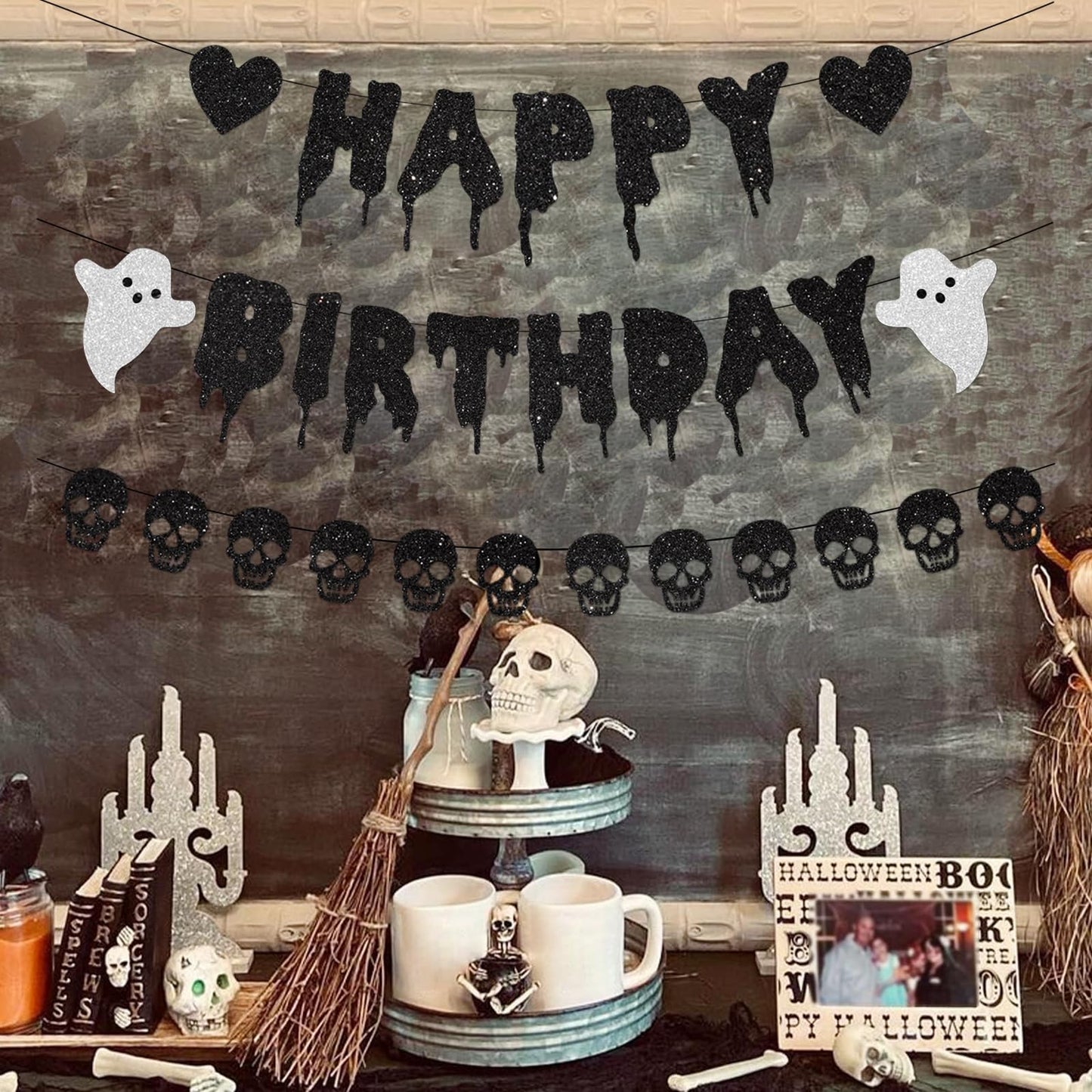 FHGG Black Glitter Halloween Birthday Banner Black Heart Skull Garland Happy Birthday Decorations for Halloween Party Decorations Theme Baby Shower Supplies