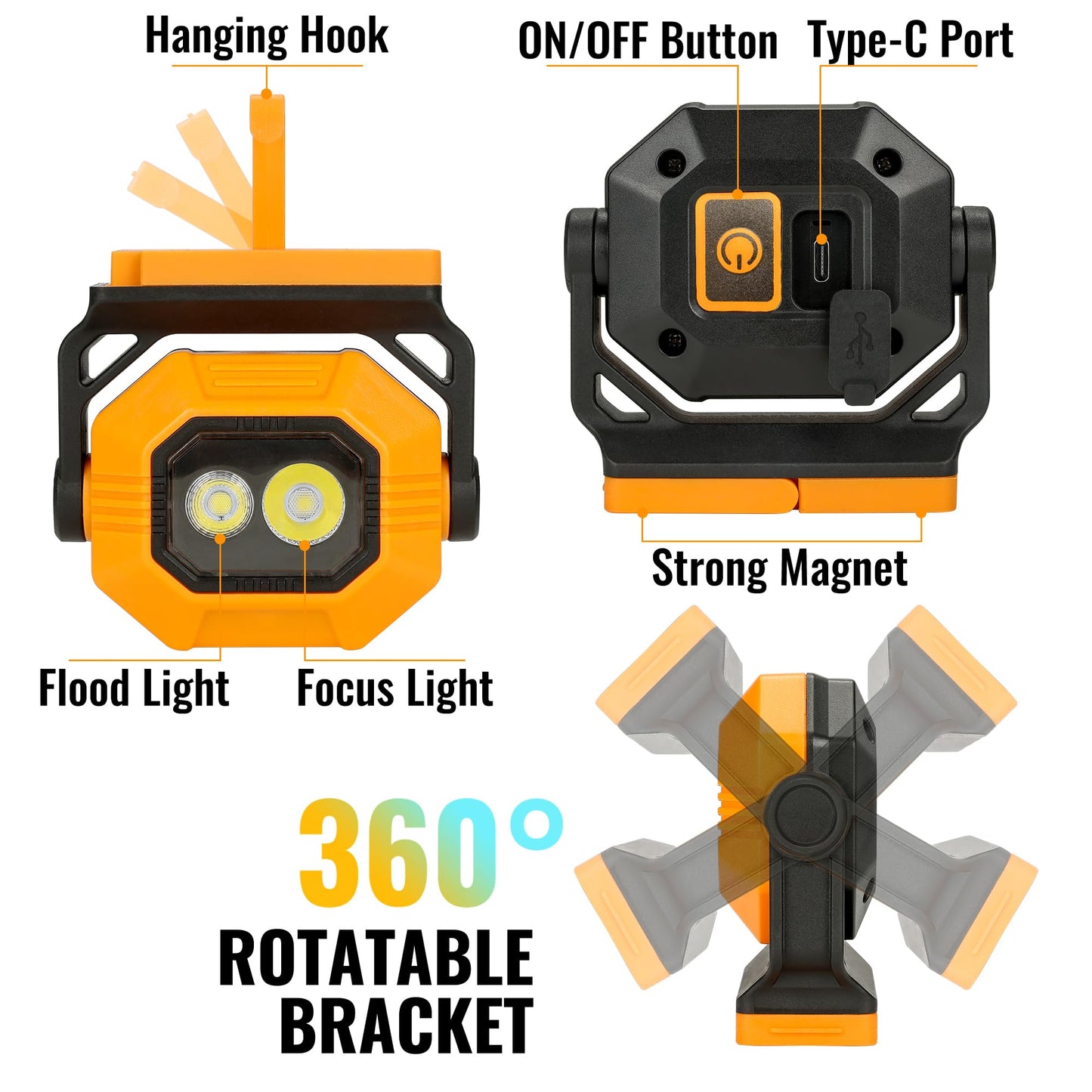 Easymaxx LED Rechargeable Work Light, 1500LM Portable COB Magnetic Lights with 3 Modes & 360° Rotatable, IPX4 Waterproof Worklight for Car Repairing, Job Site Lighting, Emergency (1 PC)