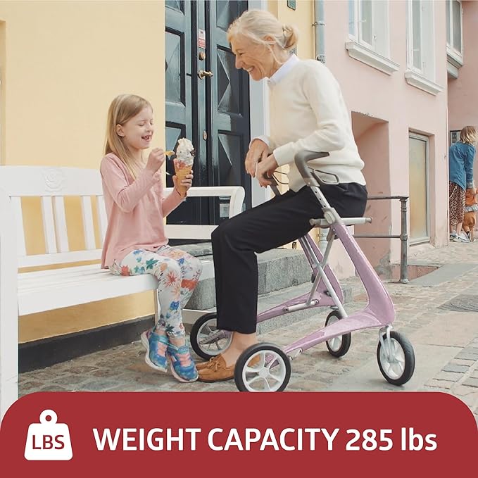 byACRE Ultralight Rollator Walker with Seat, Lightweight Folding Mobility Aid for Seniors, Compact Upright Walking Support,16.5" x 24" Seat (W x H), Comfort Handles and Storage, Pink