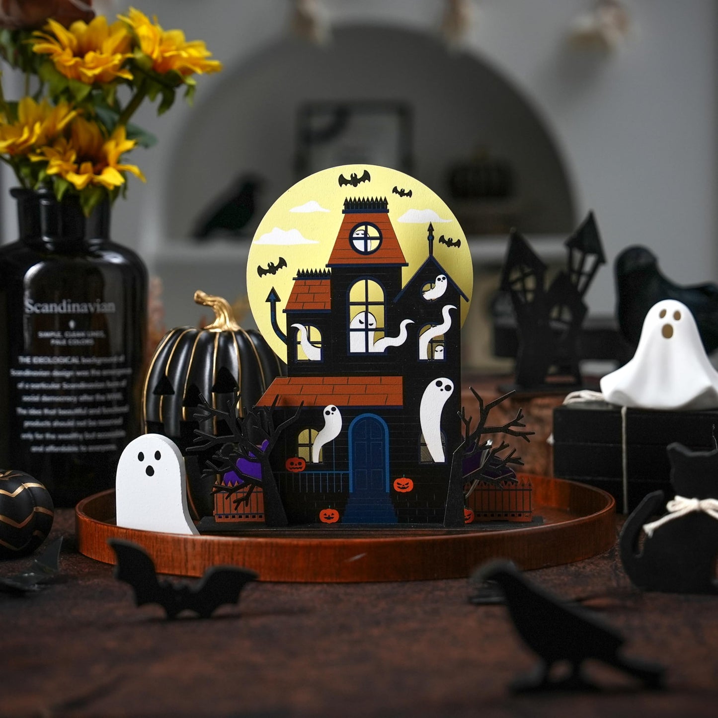 FESTGLOX Halloween Haunted House Decorations, Detachable Light Up Ghost House, Wooden Halloween Tabletop Decorations, Battery Operated Lighted Houses Village Indoor Spooky Decor