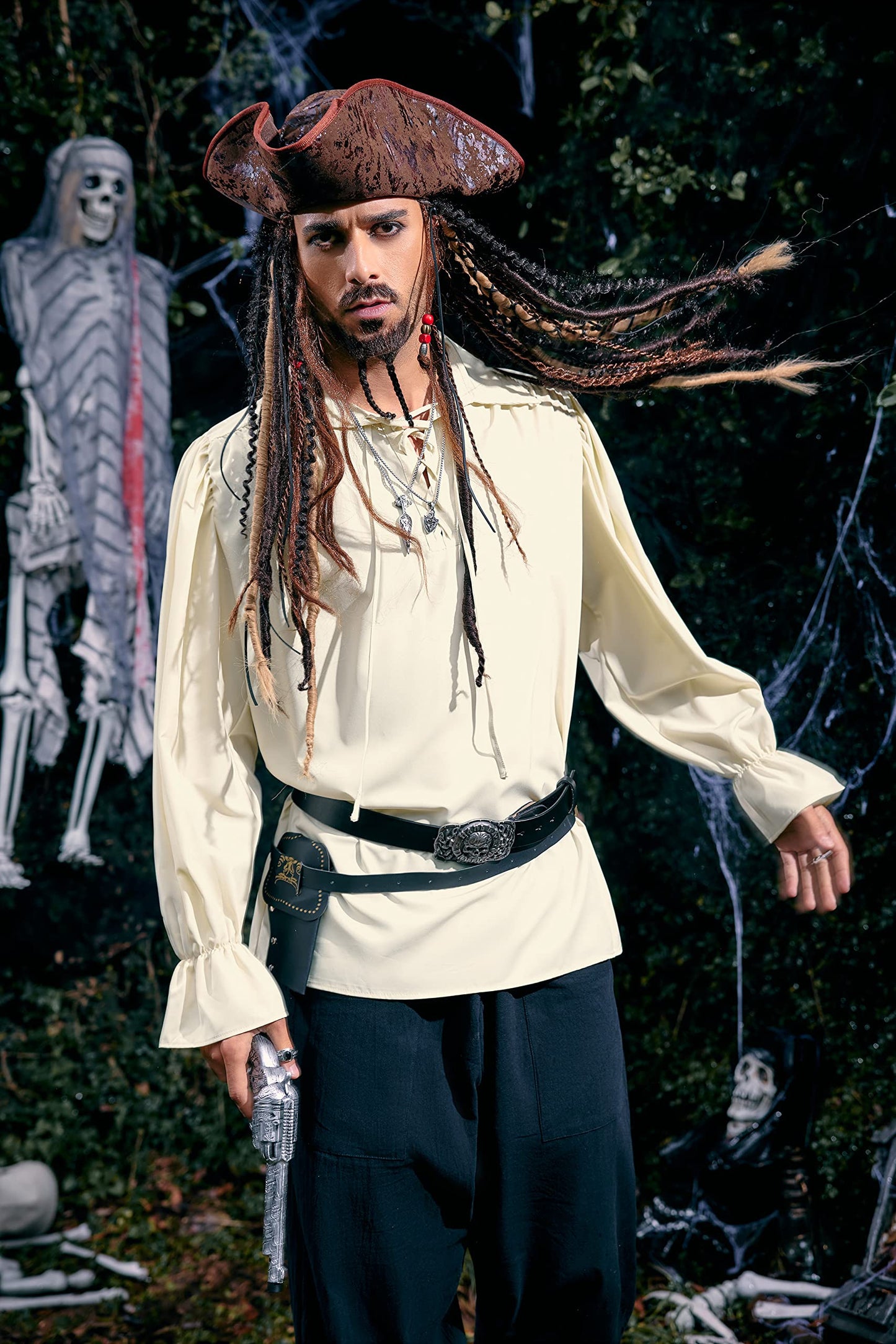 Mens Pirate Medieval Shirt Renaissance Costume Cosplay Victorian Gothic Tee Viking Vampire Tops Beige