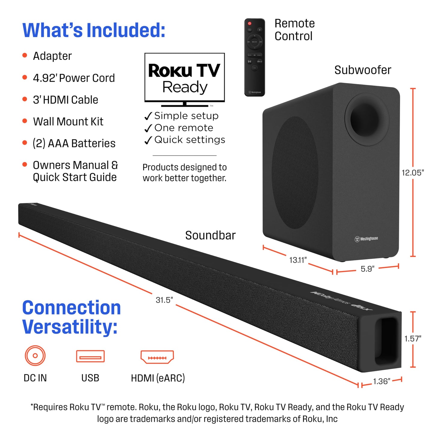 Westinghouse 2.1 Channel Soundbar with Wireless Subwoofer, DTS:X and Dolby Atmos, 120W RMS & 240W Max Output, for Smart TV, Home Theater Audio, HDMI/eArc, Bluetooth, Roku TV Ready