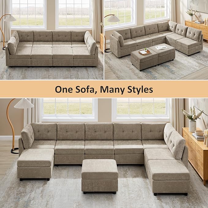 VANOMi 118 Inch Cloud Modular Sectional Sofa with 2 Ottomans, 8 Seat Cloud Sectional Sofa Bed, Chenille Sofas & Couches for Living Room, Apartment, Office, Camel