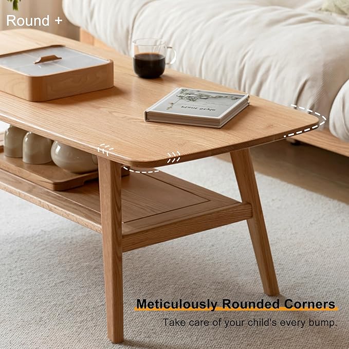 QKFF Modern Solid Wood Coffee Table, 2-Tier Small Wooden Coffee Table with Storage Shelf for Living Room, Apartment, Office, Natural (48''D x 22''W x 18''H)