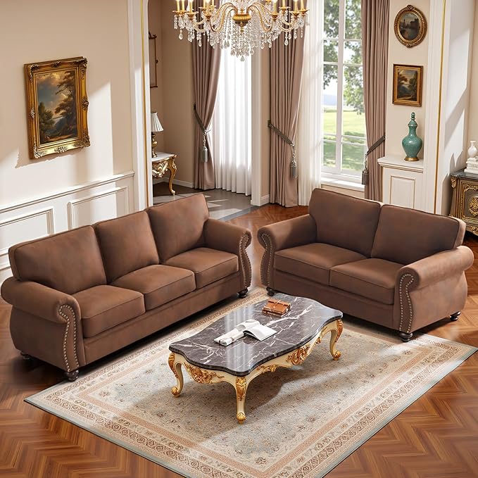 Couchus Living Room Furniture Sets,Sofa Sets and Couch Sets for Living Room,Mid-Century Vintage Sofa Couches with Rivet Design (Caramel, 2 Loveseat+3 Seater)