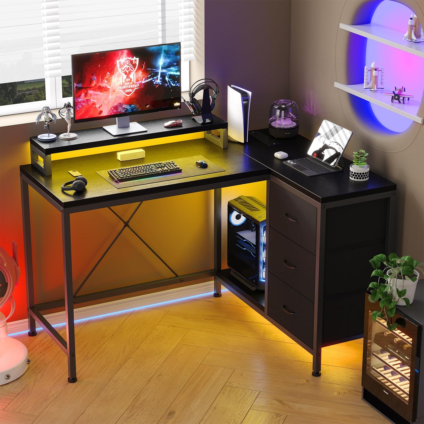Hetoy L-Shaped Gaming Desk with Power Outlets, Corner Desk with Drawers, Shelves & LED Lights, Computer Desk for Home & Office