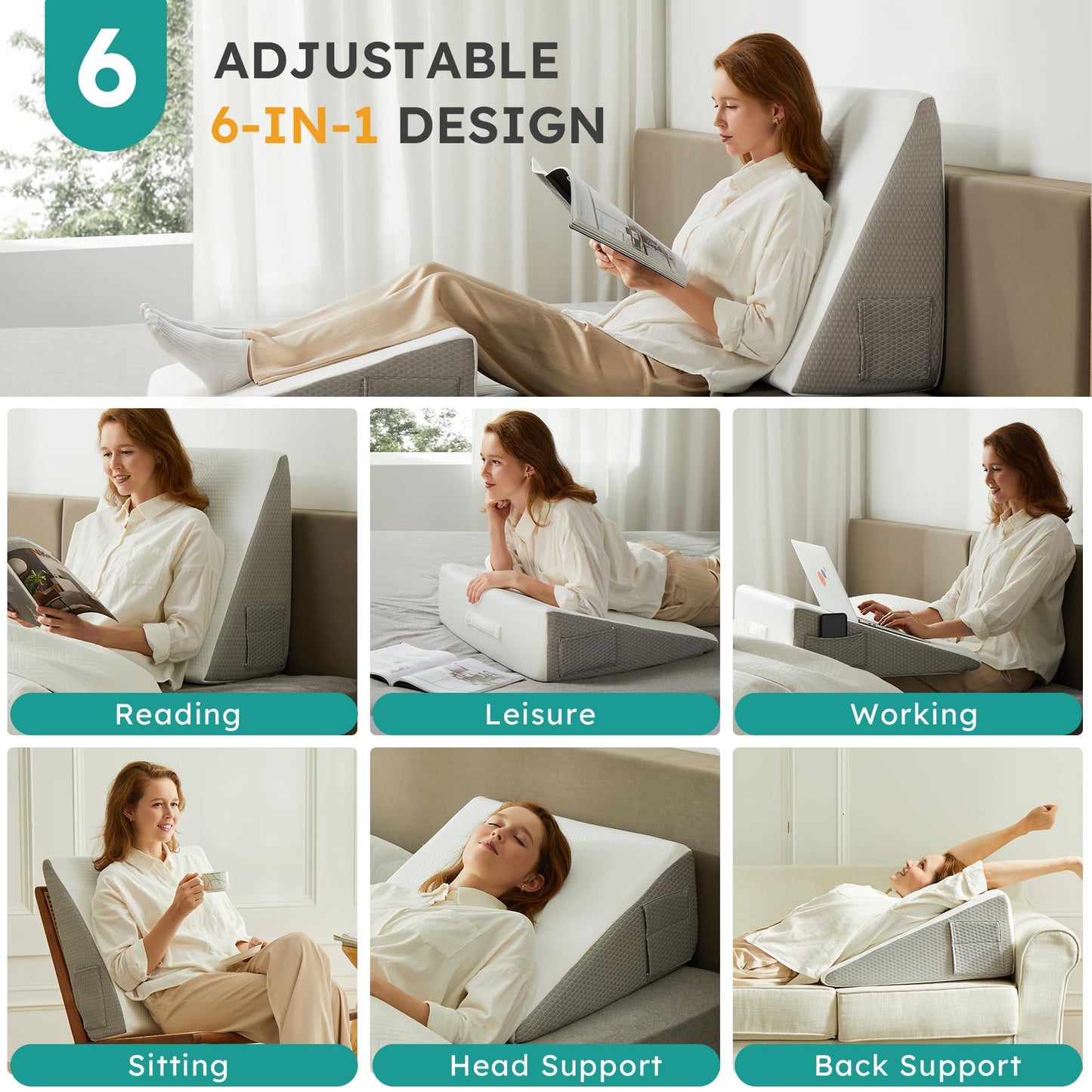 Bedluxe Wedge Pillow, 10 inch Bed Wedge Pillow for Headboard, Pillow Wedge for Acid Reflux Relief, Sleeping, Back Pain Relief, Snoring, Triangle Pillow Wedge - Cooling Memory Foam Top, White/Grey