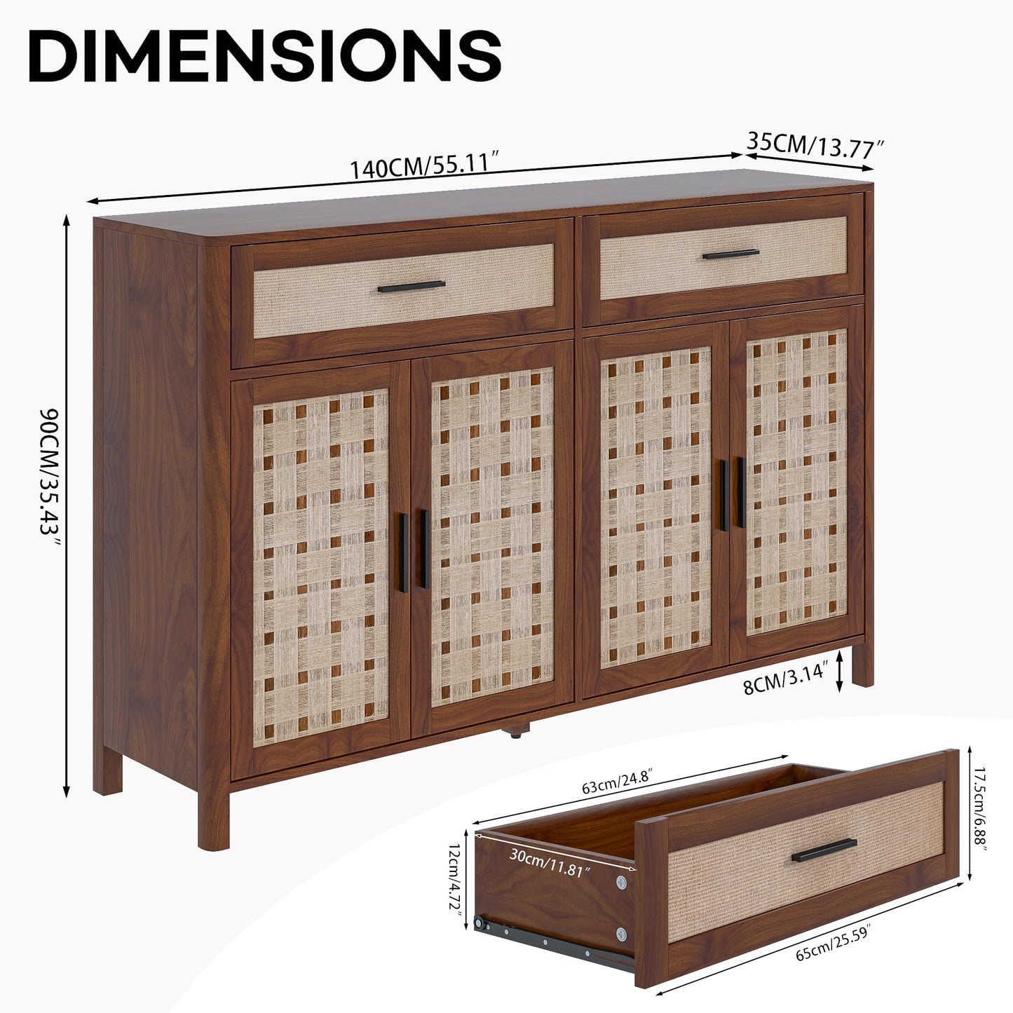 Mxtxmy Farmhouse Sideboard Buffet with Storage, 55' Large Buffet with 4 Doors and 2 Drawers, Wood Coffee Bar, Storage Cabinet for Kitchen, Dining Room, Living Room (Walnut)